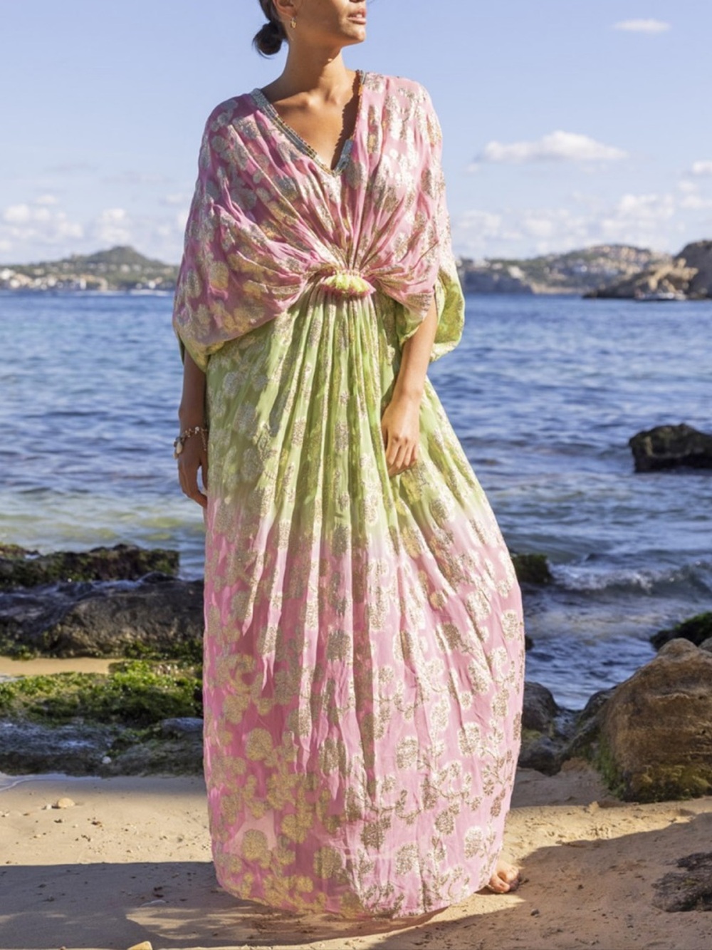 Miss June Paris metallic gold floral Ombré Peach Purple Maxi Dress NWT Marley - Picture 13 of 15
